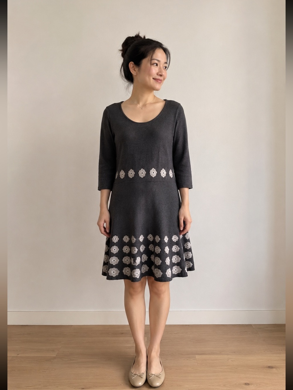 Nine West Charcoal Floral Long Sleeve Dress
